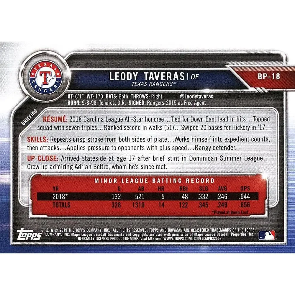 2019 Bowman Prospects Leody Taveras #BP-18 Texas Rangers
